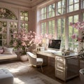 A room that oozes opulence, with colors of pink, white and forest green.