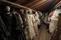 A room overflowing with a wide array of dresses, showcasing different styles, colors, and fabrics, An attic filled with age-old