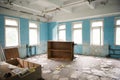 Room with overturned furniture in ruin in forsaken Pripyat Royalty Free Stock Photo