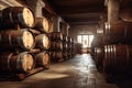 A room packed with a multitude of wooden barrels, creating a classic and rustic atmosphere, winery with wine wooden barrels, AI