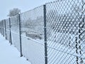 room paint rollers are fixed on a snowy fence. frozen wire mesh