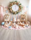 A room in pink style decorated for the first anniversary of a child\'s birthday