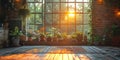 A room with plants, rug by the window, sun shining through Royalty Free Stock Photo