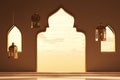Room with Ramadan lanterns and window with sunset