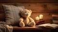 a room with a realistic photo featuring a teddy bear and open books arranged on a wooden table, in a minimalist modern