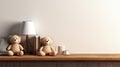 a room with a realistic photo featuring a teddy bear and open books arranged on a wooden table, in a minimalist modern