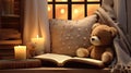 a room with a realistic photo featuring a teddy bear and open books arranged on a wooden table, in a minimalist modern