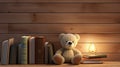 a room with a realistic photo featuring a teddy bear and open books arranged on a wooden table, in a minimalist modern