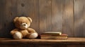 a room with a realistic photo featuring a teddy bear and open books arranged on a wooden table, in a minimalist modern