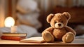 a room with a realistic photo featuring a teddy bear and open books arranged on a wooden table, in a minimalist modern