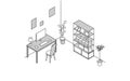 Room for rent: simple isometric of study, work desk and bookshelf