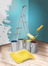 Room repair. Paint cans, tray, paint roller and stepladder. Royalty Free Stock Photo