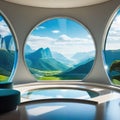 A room with round glass window overlooking beautiful landscape background Hotel futuristic showroom with modern Royalty Free Stock Photo