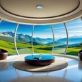 A room with round glass window overlooking beautiful landscape background Hotel futuristic showroom with modern Royalty Free Stock Photo