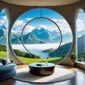 A room with round glass window overlooking beautiful landscape background Hotel futuristic showroom with modern Royalty Free Stock Photo