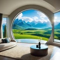 A room with round glass window overlooking beautiful landscape background Hotel futuristic showroom with modern Royalty Free Stock Photo