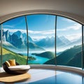 A room with round glass window overlooking beautiful landscape background Hotel futuristic showroom with modern Royalty Free Stock Photo