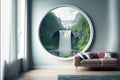 A room with round glass window overlooking beautiful landscape background Royalty Free Stock Photo