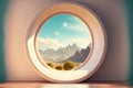 A room with round glass window overlooking beautiful landscape background Royalty Free Stock Photo
