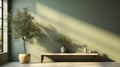 Vibrant Vray Tracing: Plants On Wooden Bench With Olive Wall Mockup Royalty Free Stock Photo