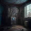 A room with a server entangled with wires, cables for the Internet. Dark key. Image generated by Ai