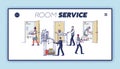 Room service landing page with cartoon hotel staff wearing uniform and serving to visitors
