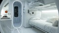 Room with single bed and kitchen area in spaceship, interior design of starship or home in colony. Living compartment in Royalty Free Stock Photo