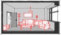 Room sketch diagram with sketches of furniture