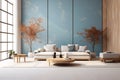 wall modern furniture blue sofa room design home style interior apartment. Generative AI. Royalty Free Stock Photo