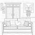 Room with sofa and wardrobe. Interior.Coloring book antistress for children and adults. Zen-tangle style.Black and white Royalty Free Stock Photo