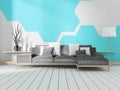 Room with sofa and white hexagonal tile wall. 3D renderin Royalty Free Stock Photo