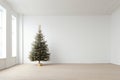 A room stripped bare, showcasing a beautifully adorned Christmas tree. Minimalist interior concept, setting the stage Royalty Free Stock Photo