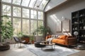 room with tall windows and skylight, providing bright and airy space Royalty Free Stock Photo