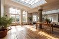 room with tall windows and skylight, providing bright and airy space Royalty Free Stock Photo