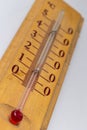 room thermometer on a wooden base close up on a white background. Celsius degree scale Royalty Free Stock Photo