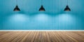 Room with three lamps, concrete blue wall and wooden floor 3D Illustration