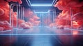 Room with transparent arches surrounded by pink clouds. AI generated art. Concept of technologies of the future Royalty Free Stock Photo