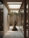 A room with a tree in the middle of it a 3D render in beige color scheme