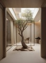 A room with a tree in the middle of it a 3D render in beige color scheme,