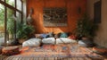 a room with various colored pillows and rugs by a window