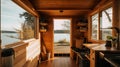 A room with a view of a body of water. AI generative image. Tiny house interior.