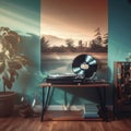 a room with a vinyl record player, vitrola