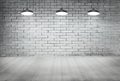 Room white brick grunge wall and wood floor with ceiling lamp Royalty Free Stock Photo
