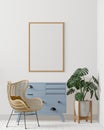 Room and the white wall background, blue cabinet and tree , minimal style ,frame form mock up