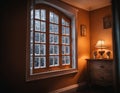 A room with a window and a dresser in it, winter