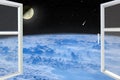 Room window with space panorama above Earth atmosphere Moon and comet Royalty Free Stock Photo