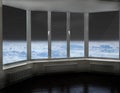 Room window with view to space above Earth`s atmosphere and cosmos