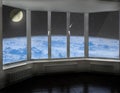 Room window with view to space above Earth`s atmosphere Moon comet and cosmos