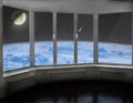 Room window with view to space above Earth`s atmosphere Moon comet and cosmos