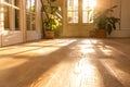 A room with a wooden floor and a large window. Generative AI Royalty Free Stock Photo